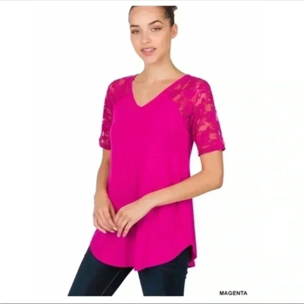 BNWT Lace-sleeve T-Shirt, Hot Pink